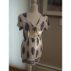 Devi White Blue Floral Tie Front Mini Dress Size L